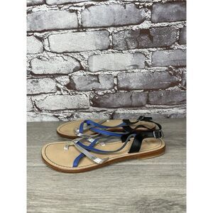 Bata Silver Blue Black Leather Strappy Flat Toe Post Sandals Women 37EU/6.5M US